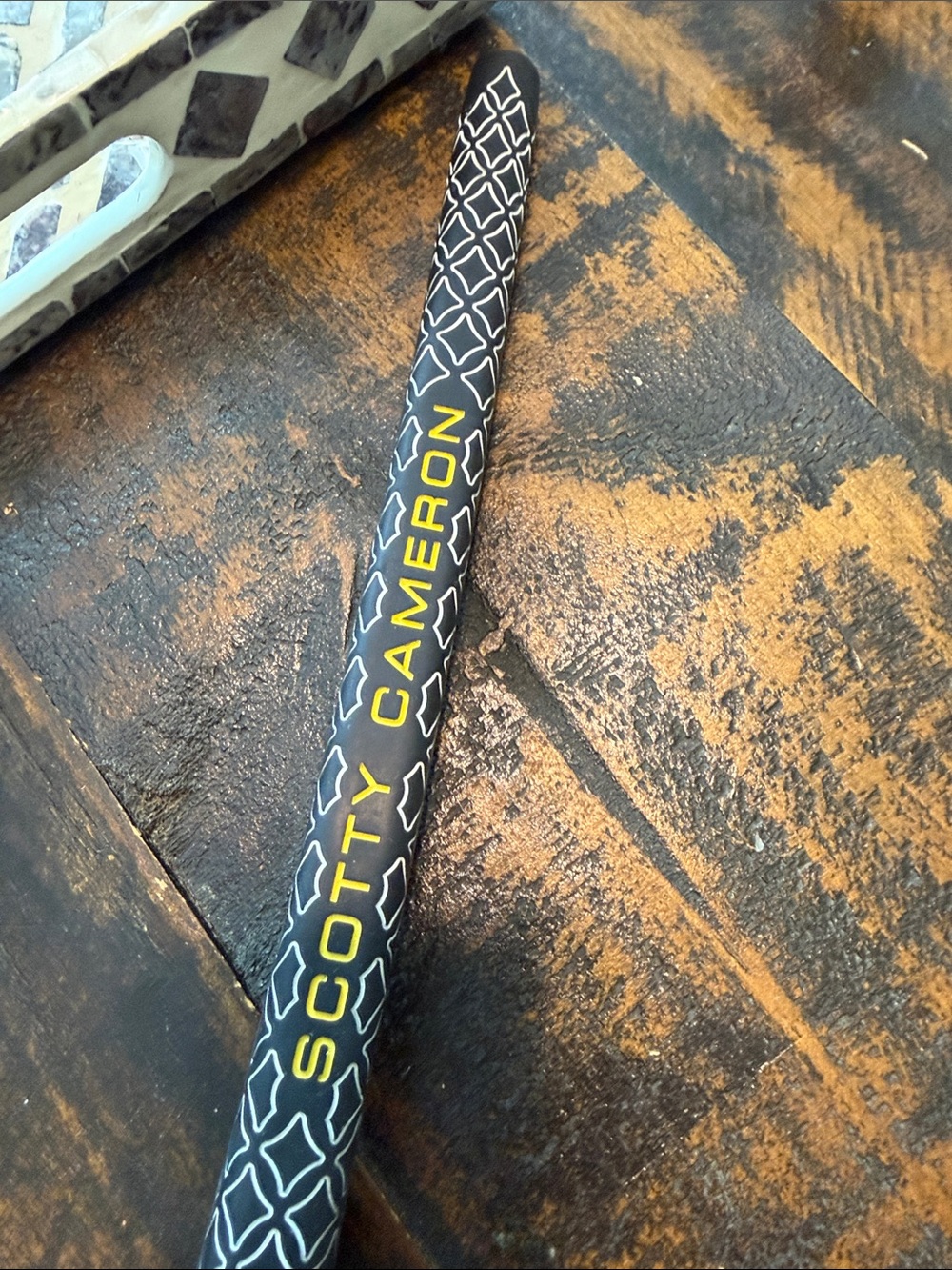Scotty Cameron Black Putter Grip with White Pattern and Yellow Logo